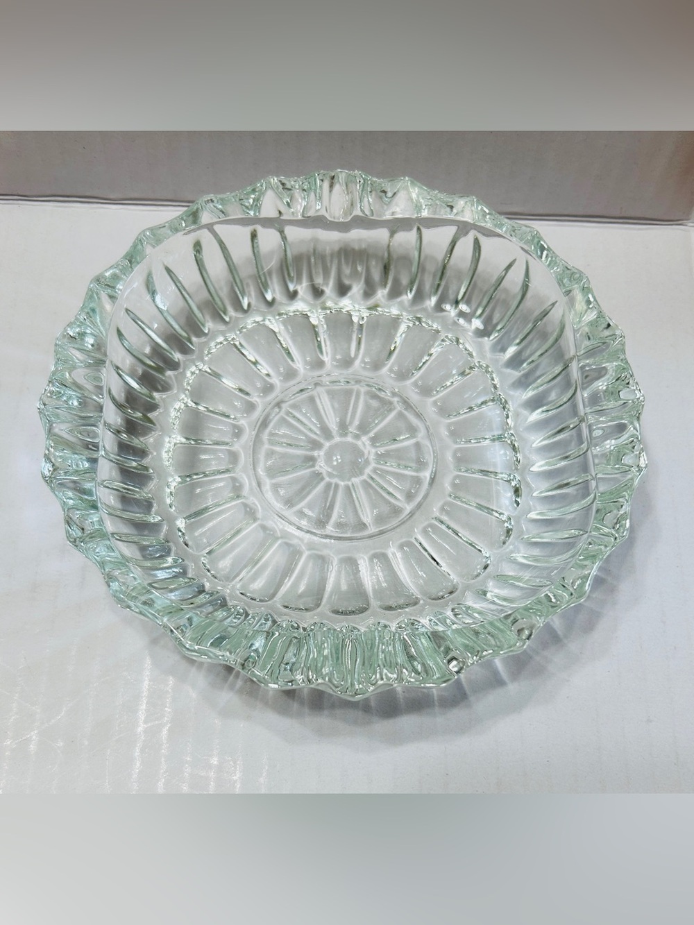 Vintage ashtray, clear glass, Pasari Indonesia. Flower pattern.